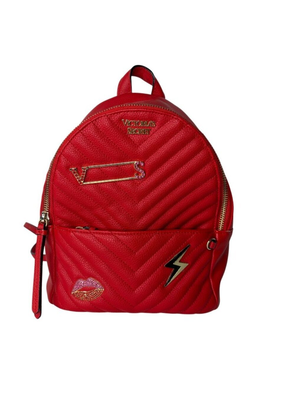 Victoria's Secret Red Quilted Mini Backpack Pink Lips Lightning Bolt V S Pin